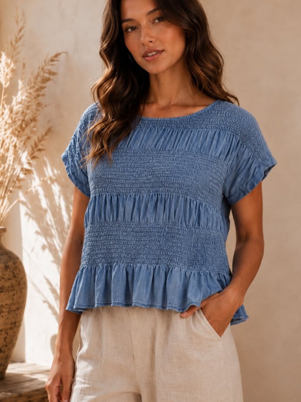 949. Women’s Blue Denim Smocked Ruffle Hem Short Sleeve Top